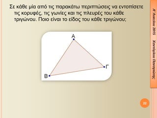 Σε κάθε μία από τις παρακάτω περιπτώσεις να εντοπίσετε
τις κορυφές, τις γωνίες και τις πλευρές του κάθε
τριγώνου. Ποιο είναι το είδος του κάθε τριγώνου;
22
 