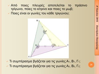 31
 Από ποιες πλευρές αποτελείται το πράσινο
τρίγωνο, ποιες το κίτρινο και ποιες το μωβ;
 Ποιες είναι οι γωνίες του κάθε τριγώνου;
 Τι συμπέρασμα βγάζεται για τις γωνίες Α1, Β1, Γ1;
 Τι συμπέρασμα βγάζεται για τις γωνίες Α2, Β2, Γ2;
 