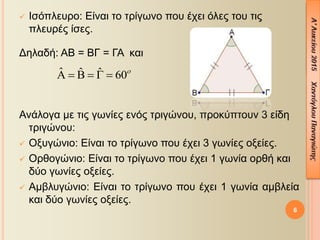  Ισόπλευρο: Είναι το τρίγωνο που έχει όλες του τις
πλευρές ίσες.
Δηλαδή: ΑΒ = ΒΓ = ΓΑ και
Ανάλογα με τις γωνίες ενός τριγώνου, προκύπτουν 3 είδη
τριγώνου:
 Οξυγώνιο: Είναι το τρίγωνο που έχει 3 γωνίες οξείες.
 Ορθογώνιο: Είναι το τρίγωνο που έχει 1 γωνία ορθή και
δύο γωνίες οξείες.
 Αμβλυγώνιο: Είναι το τρίγωνο που έχει 1 γωνία αμβλεία
και δύο γωνίες οξείες.
ˆ ˆ ˆ 60
     
6
 