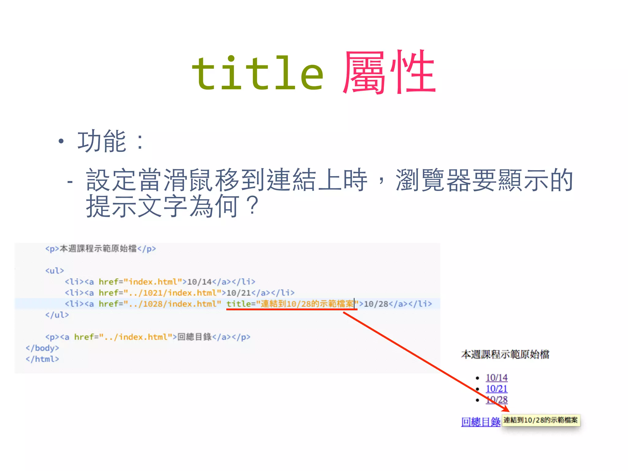 title 屬性
• 功能：
- 設定當滑⿏鼠移到連結上時，瀏覽器要顯⽰示的
提⽰示⽂文字為何？
 