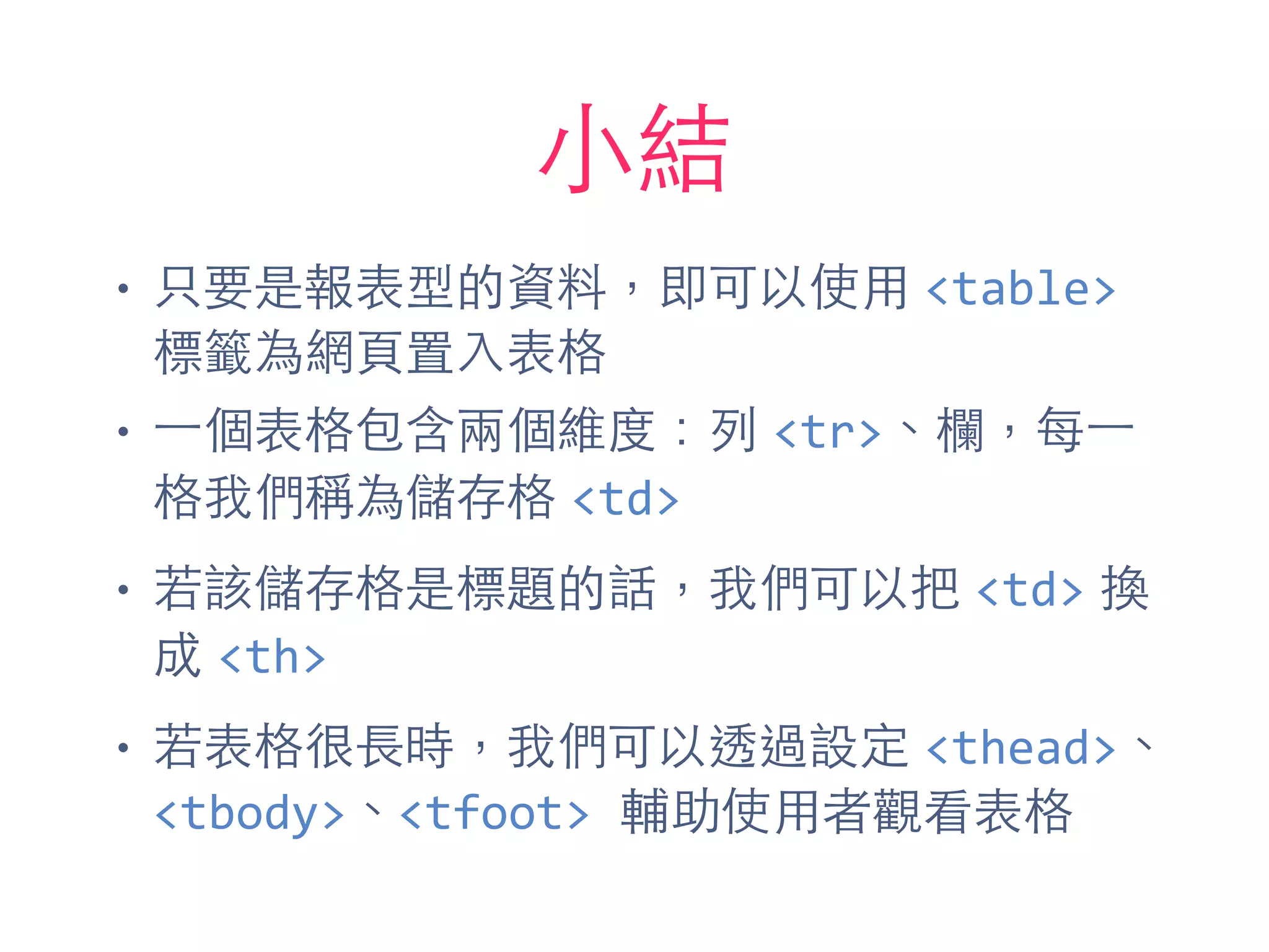 ⼩小結
• 只要是報表型的資料，即可以使⽤用 <table>
標籤為網⾴頁置⼊入表格
• ⼀一個表格包含兩個維度：列 <tr>、欄，每⼀一
格我們稱為儲存格 <td>
• 若該儲存格是標題的話，我們可以把 <td> 換
成 <th>
• 若表格很⻑⾧長時，我們可以透過設定 <thead>、
<tbody>、<tfoot>	
  輔助使⽤用者觀看表格
 