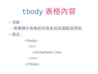 tbody 表格內容
• 功能：
- 明確標⽰示表格的內容是從這個區段開始
• 語法：
<tbody>	
  
	
  	
  <tr>	
  
	
  	
  	
  	
  <td>Content</td>	
  
	
  	
  </tr>	
  
</tbody>
 