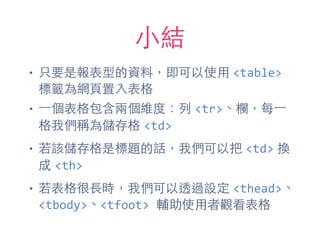 ⼩小結
• 只要是報表型的資料，即可以使⽤用 <table>
標籤為網⾴頁置⼊入表格
• ⼀一個表格包含兩個維度：列 <tr>、欄，每⼀一
格我們稱為儲存格 <td>
• 若該儲存格是標題的話，我們可以把 <td> 換
成 <th>
• 若表格很⻑⾧長時，我們可以透過設定 <thead>、
<tbody>、<tfoot>	
  輔助使⽤用者觀看表格
 