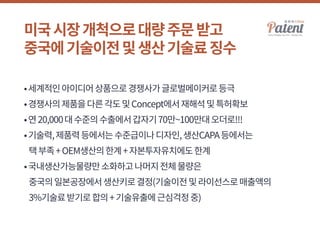 미국시장개척으로대량주문받고
중국에기술이전및생산기술료징수
•세계적인아이디어상품으로경쟁사가글로벌메이커로등극
•경쟁사의제품을다른각도및Concept에서재해석및특허확보
•연20,000대수준의수출에서갑자기70만~100만대오더로!!!
•기술력,제품력등에서는수준급이나디자인,생산CAPA등에서는
택부족+OEM생산의한계+자본투자유치에도한계
•국내생산가능물량만소화하고나머지전체물량은
중국의일본공장에서생산키로결정(기술이전및라이선스로매출액의
3%기술료받기로합의+기술유출에근심걱정중)
 