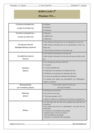 Γεωμετρία - A΄ Λυκείου 1ο
Λύκειο Ζακύνθου Κεφάλαιο 3Ο
– Τρίγωνα
Επιμέλεια: Χατζόπουλος Μ. -2- http://lisari.blogspot.com
ΚΕΦΑΛΑΙΟ 3Ο
Θυμάμαι Ότι …
Τα τρίγωνα ταξινομούνται…
ως προς τις πλευρές τους
 Σκαληνά
 Ισοσκελή
 Ισόπλευρα
Τα τρίγωνα ταξινομούνται…
ως προς τις γωνίες τους
 Οξυγώνια
 Αμβλυγώνια
 Ορθογώνια
Δύο τρίγωνα είναι ίσα
(Κριτήρια Ισότητας τριγώνων)
 Δύο πλευρές αντίστοιχα ίσες και τις περιεχόμενες γωνίες ίσες
 Μία πλευρά αντίστοιχα ίση και τις προσκείμενες γωνίες της
βάσης ίσες
 Τρεις πλευρές αντίστοιχα ίσες μία προς μία
Δύο ορθογώνια τρίγωνα
είναι ίσα
 Δύο πλευρές αντίστοιχα ίσες μία προς μία
 Μία πλευρά αντίστοιχα ίσες μία προς μία και μία οξεία γωνία
ίση
Ισοσκελές
Τρίγωνο
 Οι 2 πλευρές της είναι ίσες (ΑΒ=ΑΓ)
 Α κορυφή
 2 γωνίες της βάσης ίσες
 Η διχοτόμος της κορυφής είναι διάμεσος & ύψος
 Η διάμεσος της κορυφής είναι διχοτόμος &ι ύψος
 Το ύψος της κορυφής είναι διάμεσος & διχοτόμος
 Η κορυφή είναι σημείο της μεσοκαθέτου του ευθύγραμμου
τμήματος της βάσης
Βασική πρόταση
για το ισοσκελές τρίγωνο
Αν ένα τρίγωνο έχει δύο γωνίες ίσες
τότε είναι ισοσκελές
Ισόπλευρο
τρίγωνο
 Οι πλευρές του είναι ίσες
 Οι γωνίες του είναι ίσες
 ¨Έχει τρεις κορυφές Α, Β, Γ
 Ισχύουν τα ίδια με το ισοσκελές για όλες όμως τις κορυφές του
Κύκλος
 Αν δύο τόξα είναι ίσα τότε και οι χορδές τους είναι ίσες και
αντίστροφα
 Δύο χορδές είναι ίσες αν τα αποστήματά τους είναι ίσα και
αντίστροφα
 Ο φορέας του αποστήματος μιας χορδής
διέρχεται από το κέντρο του κύκλου
είναι μεσοκάθετος της χορδής
διχοτομεί το αντίστοιχο τόξο της χορδής
 