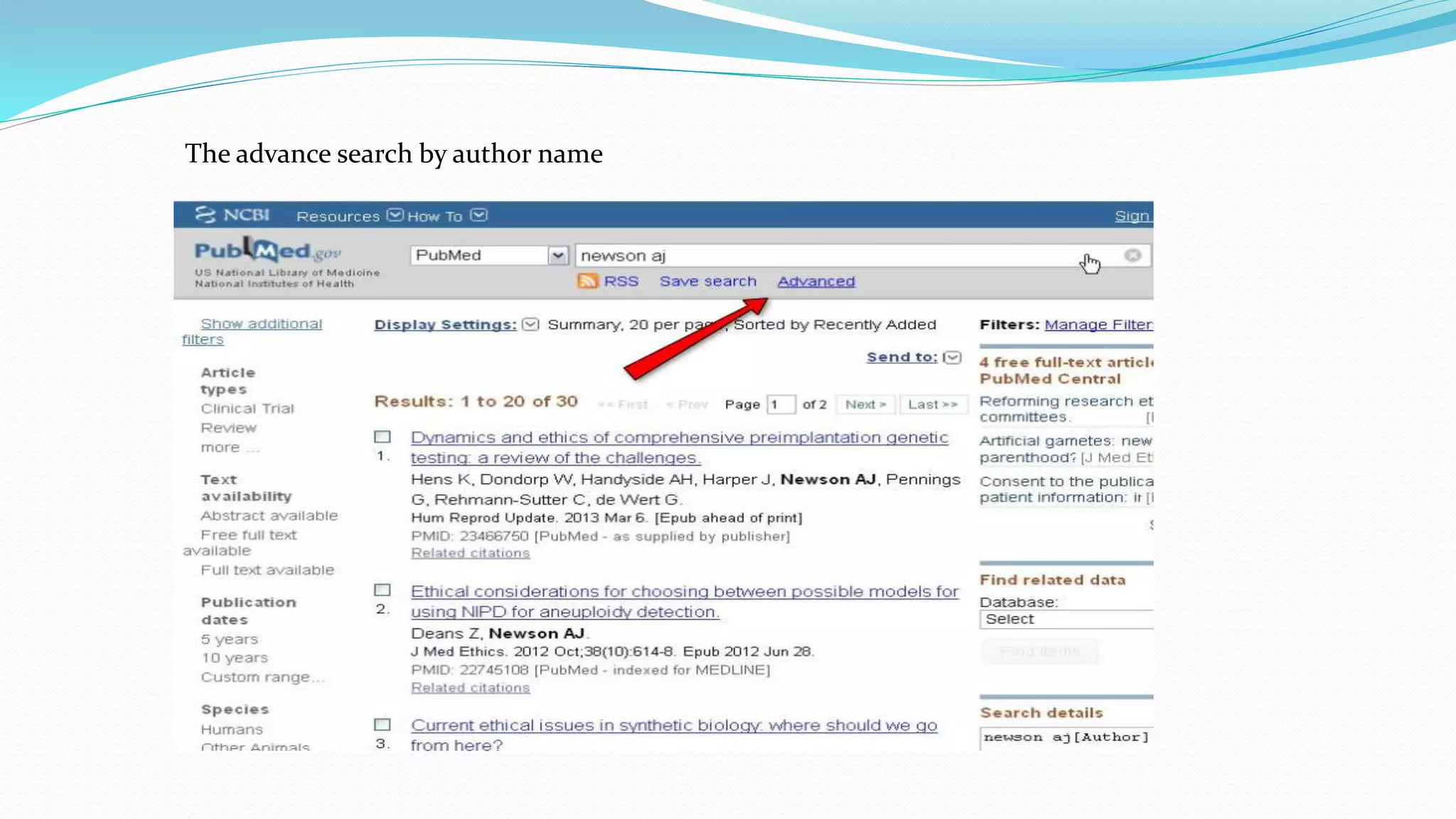 The advance search by author name
 