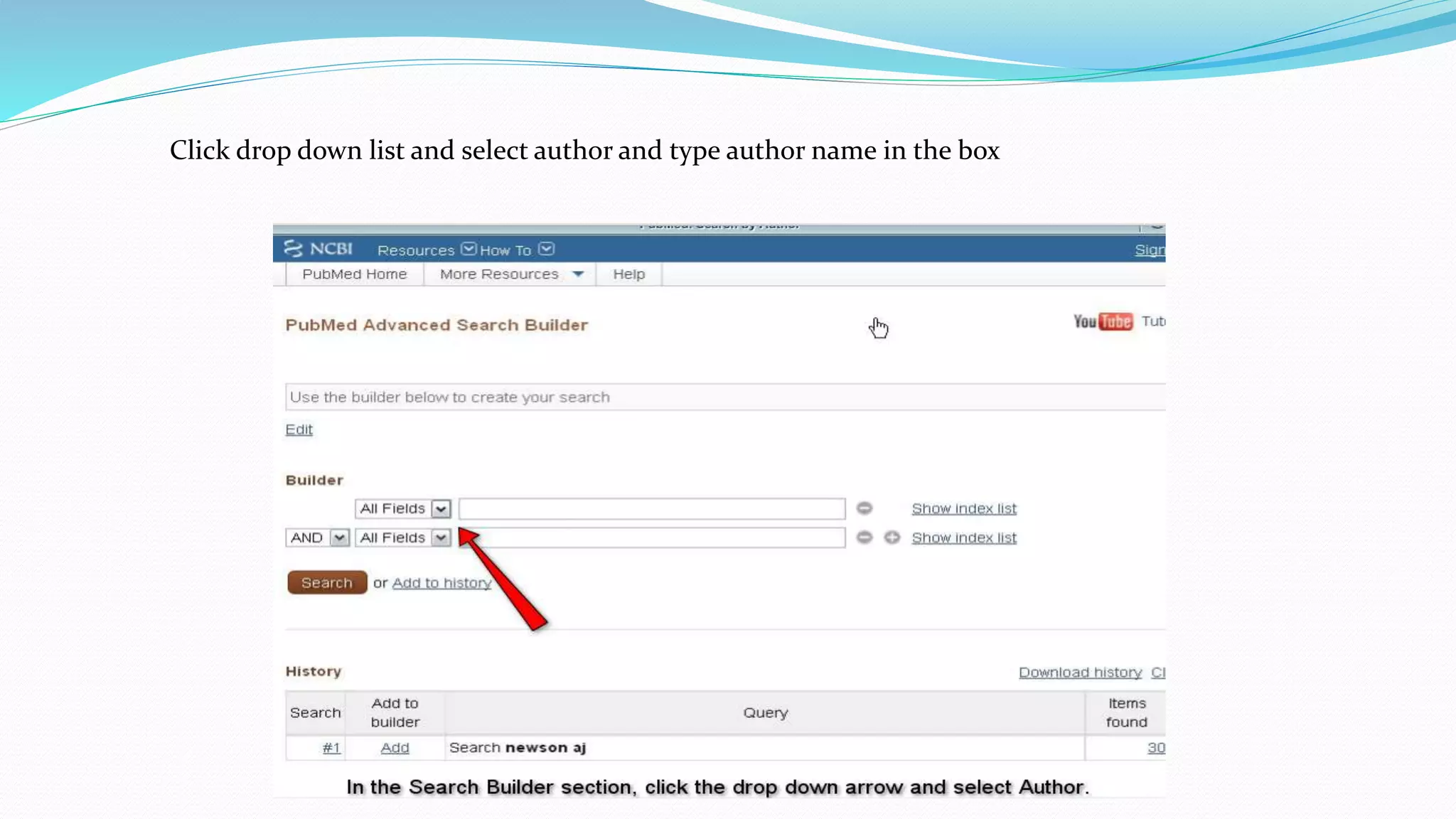 Click drop down list and select author and type author name in the box
 