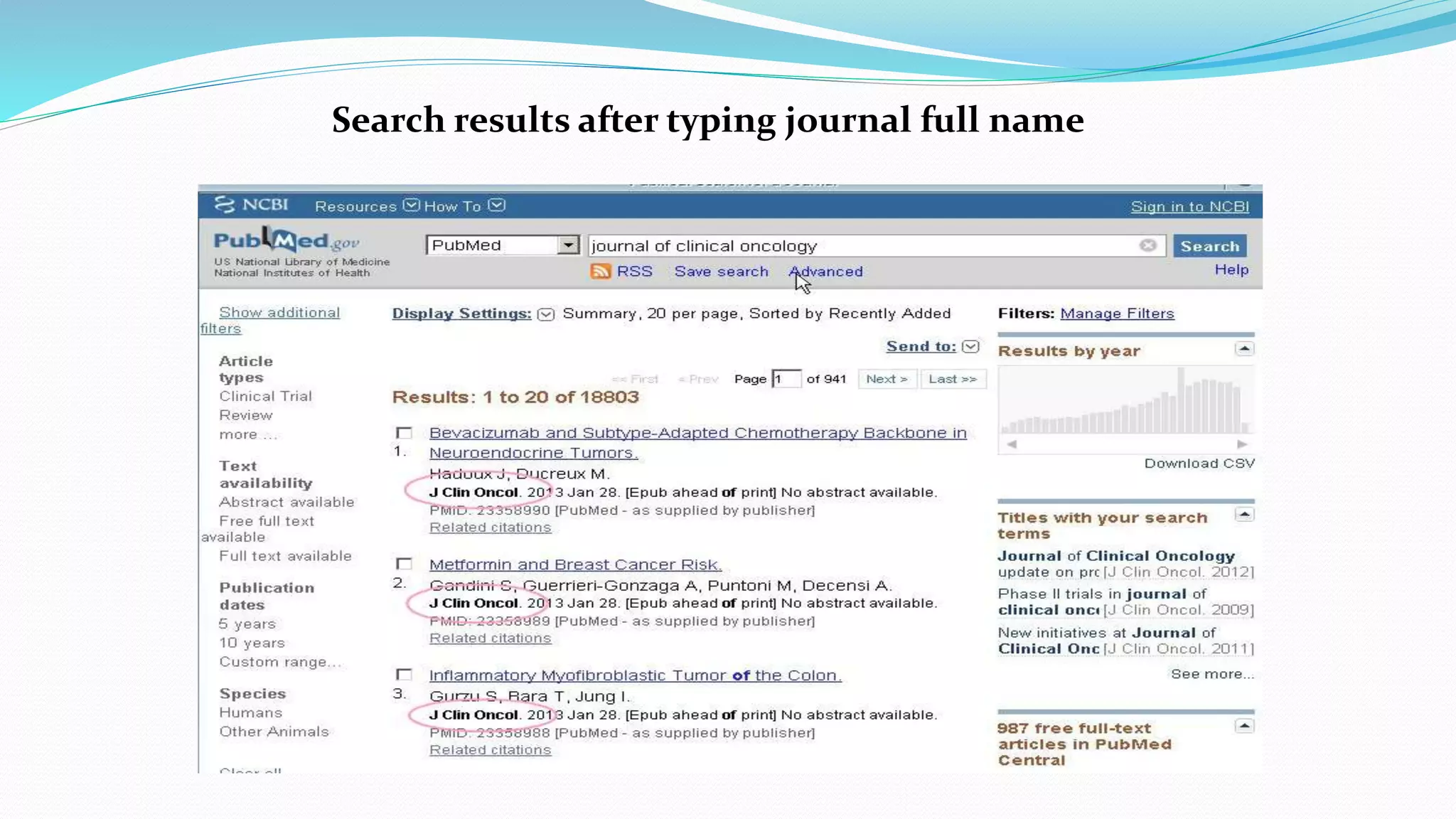 Search results after typing journal full name
 
