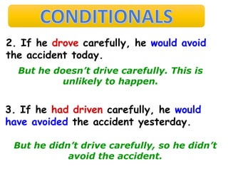 ALL CONDITIONALS
2. If he drove carefully, he would avoid
the accident today.
But he doesn’t drive carefully. This is
unlikely to happen.
3. If he had driven carefully, he would
have avoided the accident yesterday.
But he didn’t drive carefully, so he didn’t
avoid the accident.
 