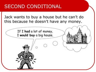 Jack wants to buy a house but he can’t do
this because he doesn’t have any money.
If I had a lot of money,
I would buy a big house.
SECOND CONDITIONAL
 