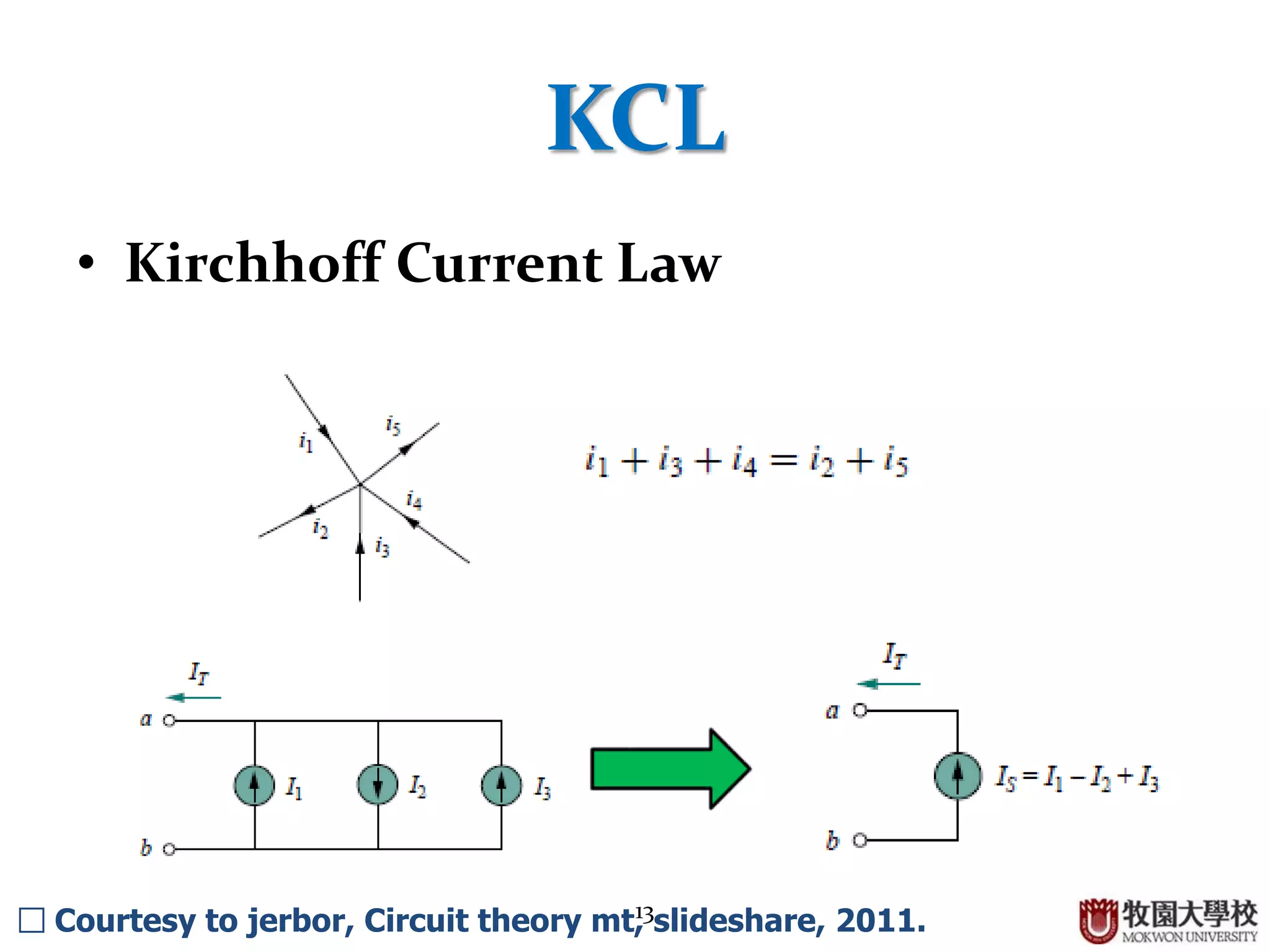 13
KCL
• Kirchhoff Current Law
□ Courtesy to jerbor, Circuit theory mt, slideshare, 2011.
 