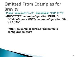 <?xml version="1.0" encoding="UTF-8"?>
<!DOCTYPE mule-configuration PUBLIC
"-//MuleSource //DTD mule-configuration XML
V1.0//EN"
"http://mule.mulesource.org/dtds/mule-
configuration.dtd">
29
 