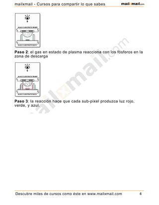 Paso 2: el gas en estado de plasma reacciona con los fósforos en la
zona de descarga
Paso 3: la reacción hace que cada sub-pixel produzca luz rojo,
verde, y azul.
Descubre miles de cursos como éste en www.mailxmail.com 4
mailxmail - Cursos para compartir lo que sabes
 
