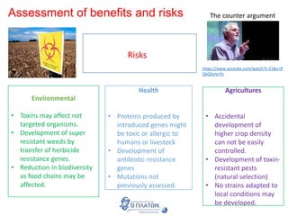 Assessment of benefits and risks
BenefitsRisks
Environmental
• Toxins may affect not
targeted organisms.
• Development of super
resistant weeds by
transfer of herbicide
resistance genes.
• Reduction in biodiversity
as food chains may be
affected.
Health
• Proteins produced by
introduced genes might
be toxic or allergic to
humans or livestock
• Development of
antibiotic resistance
genes
• Mutations not
previously assessed.
Agricultures
• Accidental
development of
higher crop density
can not be easily
controlled.
• Development of toxin-
resistant pests
(natural selection)
• No strains adapted to
local conditions may
be developed.
https://www.youtube.com/watch?t=21&v=R
QkQXyiynYs
The counter argument
 