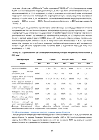12
статистики (Держстату), в 2013 році в Україні працювали 1 722 070 суб’єктів підприємництва, з яких
95,07% належалидо суб’єктів мікропідприємництва, 3,78% — до малих суб’єктів підприємництва (за
виключенняммікро),1,12% — до середніх, а 0,04% — до великих. Розподіл за обсягами реалізованої
продукціїбув протилежним. Частка суб’єктів мікропідприємництва у загальному обсязі реалізованої
продукції складала лише 10,6%, частка малих суб’єктів (за виключенням мікро) дорівнювала 10,9%,
середніх — 38,8%, а великих — 39,6%. Основні показники підприємств та ФОП цих груп наведені у
Таблиці 2.3.
Статистичні дані, які дозволяють оцінити частку малого бізнесу у валовій доданій вартості суб’єктів
підприємництва,відсутні, оскільки Держстат не оприлюднює дані про додану вартість у ФОП. Однак
якщо припустити,щоспіввідношеннядоданоївартості до обсягів реалізованої продукції є однаковим
для підприємств та ФОП, що належать до однієї групи за розміром, то у 2013 році частка малого
бізнесу в валовій доданій вартості (ВДВ), створеній українськими підприємствами та фізичними
особами-підприємцями, становила 19,8% (в тому числі частка мікробізнесу — 8,7%). Це значно
менше, ніж в країнах, що перебувають на вищому рівні економічному розвитку. У ЄС частка малого
бізнесу у ВДВ суб’єктів підприємництва становила 39,4% у відповідний період (в тому числі
мікробізнесу — 21,1%).
Таблиця 2.3. Характеристики суб’єктів підприємництва за розміром та організаційною формою у
2013 році
Група за розміром Великі Середні Малі (без мікро) Мікро
Форма ЮО ЮО ФОП ЮО ФОП ЮО ФОП
Кількість ЮО та ФОП 659 18 859 351 55 332 9 689 318 477 1 318 703
Середня кількість
працівників, осіб 3 617,1 159,7 119,9 22,0 16,6 2,5 1,6
Середній обсяг реалізованої
продукції, тис. грн 2 606 056,6 88 157,7 59 199,1 8 207,7 1 952,0 678,6 185,4
Частка доданої вартості у
обсязі реалізованої продукції 24,8% 30,3% н/д 27,5% н/д 22,2% н/д
Витрати на персонал до
обсягу реалізованої продукції 10,2% 8,6% н/д 8,6% н/д 9,9% н/д
Необоротні активи до обсягу
реалізованої продукції 63,4% 54,9% н/д 65,0% н/д 158,6% н/д
Оборотні активи до обсягу
реалізованої продукції 55,8% 67,7% н/д 90,6% н/д 265,6% н/д
Капітальні інвестиції до
обсягу реалізованої продукції 6,1% 4,5% н/д 6,5% н/д 4,3% н/д
Джерело: Статистичний збірник «Діяльність суб’єктів великого, середнього, малого та
мікропідприємництва 2013». К.: Видавництво «Консультант», 2014. — 498 с.
2.2.3 Використання спрощеного оподаткування малим бізнесом
Спрощенусистемуоподаткуваннявикористовує значна частина підприємств та ФОП, що належать до
малого бізнесу. За даними Державної фіскальної служби (ДФС) у 2013 році платниками єдиного
податку були 159,5 тис. підприємств-юридичних осіб. Це становило 42,7% від загальної кількості
малих підприємств-юридичних осіб, наведеної Держстатом.
 