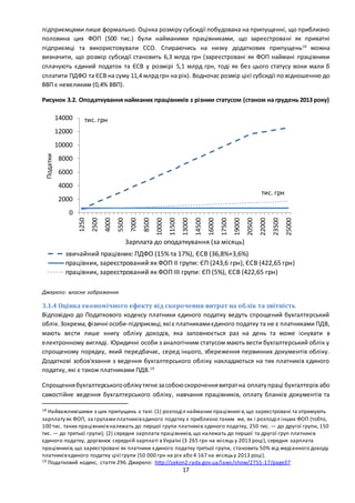 17
підприємцями лише формально. Оцінка розміру субсидії побудована на припущенні, що приблизно
половина цих ФОП (500 тис.) були найманими працівниками, що зареєстровані як приватні
підприємці та використовували ССО. Спираючись на низку додаткових припущень18
можна
визначити, що розмір субсидії становить 6,3 млрд грн (зареєстровані як ФОП наймані працівники
сплачують єдиний податок та ЄСВ у розмірі 5,1 млрд грн, тоді як без цього статусу вони мали б
сплатити ПДФО та ЄСВ на суму 11,4 млрд грн на рік). Водночас розмір цієї субсидії по відношенню до
ВВП є невеликим (0,4% ВВП).
Рисунок 3.2. Оподаткування найманих працівників з різним статусом (станом на грудень 2013 року)
Джерело: власне зображення
3.1.4 Оцінка економічного ефекту від скорочення витрат на облік та звітність
Відповідно до Податкового кодексу платники єдиного податку ведуть спрощений бухгалтерський
облік.Зокрема,фізичні особи-підприємці,які є платникамиєдиного податку та не є платниками ПДВ,
мають вести лише книгу обліку доходів, яка заповнюється раз на день та може існувати в
електронному вигляді. Юридичні особи з аналогічним статусом мають вести бухгалтерський облік у
спрощеному порядку, який передбачає, серед іншого, збереження первинних документів обліку.
Додаткові зобов'язання з ведення бухгалтерського обліку накладаються на тих платників єдиного
податку, які є також платниками ПДВ.19
Спрощеннябухгалтерськогооблікутягне засобоюскороченнявитратна оплатупраці бухгалтерів або
самостійне ведення бухгалтерського обліку, навчання працівників, оплату бланків документів та
18 Найважливішими з цих припущень є такі:(1) розподіл найманих працівникі в,що зареєстровані та отримують
зарплату як ФОП, за групами платниківєдиного податку є приблизно таким же, як і розподіл інших ФОП (тобто,
100 тис. таких працівниківналежать до першої групи платників єдиного податку, 250 тис. — до другої групи, 150
тис. — до третьої групи); (2) середня зарплата працівників,що належать до першої та другої груп платників
єдиного податку, дорівнює середній зарплаті вУкраїні (3 265 грн на місяць у 2013 році), середня зарплата
працівників,що зареєстровані як платники єдиного податку третьої групи, становить 50% від медіанного доходу
платниківєдиного податку цієї групи (50 000 грн на рік або 4 167 на місяцьу 2013 році).
19 Податковий кодекс, стаття 296.Джерело: http://zakon2.rada.gov.ua/laws/show/2755-17/page37
0
2000
4000
6000
8000
10000
12000
14000
1250
2500
4000
5500
7000
8500
10000
11500
13000
14500
16000
17500
19000
20500
22000
23500
25000
Податки
Зарплата до оподаткування (за місяць)
звичайний працівник: ПДФО (15% та 17%), ЄСВ (36,8%+3,6%)
працівник, зареєстрований як ФОП II групи: ЄП (243,6 грн), ЄСВ (422,65 грн)
працівник, зареєстрований як ФОП III групи: ЄП (5%), ЄСВ (422,65 грн)
тис. грн
тис. грн
 
