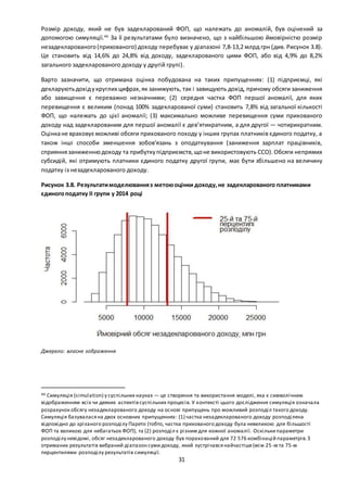 31
Розмір доходу, який не був задекларований ФОП, що належать до аномалій, був оцінений за
допомогою симуляції.46
За її результатами було визначено, що з найбільшою ймовірністю розмір
незадекларованого(прихованого) доходу перебуває у діапазоні 7,8-13,2 млрд грн (див. Рисунок 3.8).
Це становить від 14,6% до 24,8% від доходу, задекларованого цими ФОП, або від 4,9% до 8,2%
загального задекларованого доходу у другій групі).
Варто зазначити, що отримана оцінка побудована на таких припущеннях: (1) підприємці, які
декларуютьдохідукруглих цифрах,як занижують, так і завищують дохід, причому обсяги заниження
або завищення є переважно незначними; (2) середня частка ФОП першої аномалії, для яких
перевищення є великим (понад 100% задекларованої суми) становить 7,8% від загальної кількості
ФОП, що належать до цієї аномалії; (3) максимально можливе перевищення суми прихованого
доходу над задекларованим для першої аномалії є дев’ятикратним, а для другої — чотирикратним.
Оцінкане враховує можливі обсяги прихованого походу у інших групах платників єдиного податку, а
також інші способи зменшення зобов'язань з оподаткування (заниження зарплат працівників,
сприяннязаниженнюдоходу та прибуткупідприємств,щоне використовують ССО).Обсяги непрямих
субсидій, які отримують платники єдиного податку другої групи, має бути збільшено на величину
податку із незадекларованого доходу.
Рисунок 3.8. Результатимоделюванняз метоюоцінки доходу,не задекларованого платниками
єдиногоподатку II групи у 2014 році
Джерело: власне зображення
46 Симуляція (simulation) у суспільних науках — це створення та використання моделі, яка є символічним
відображенням всіх чи деяких аспектівсуспільних процесів. У контексті цього дослідження симуляція означала
розрахунок обсягу незадекларованого доходу на основі припущень про можливий розподіл такого доходу.
Симуляція базуваласяна двох основних припущеннях: (1) частка незадекларованого доходу розподілена
відповідно до зрізаного розподілу Парето (тобто, частка прихованого доходу була невеликою для більшості
ФОП та великою для небагатьох ФОП), та (2) розподіл є різним для кожної аномалії. Оскількипараметри
розподілу невідомі, обсяг незадекларованого доходу був порахований для 72 576 комбінацій параметрів.З
отриманих результатів вибраний діапазон суми доходу, який зустрічавсянайчастіше(між 25-м та 75-м
перцентилями розподілу результатів симуляції.
 