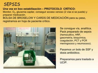 Una vez en box estabilización – PROTOCOLO CRÍTICO:
Monitor, O2, glucemia capilar, conseguir acceso venoso (2 vías si se puede) y
preparar medicación.
BOLSA DE BROSELOW Y CARDS DE MEDICACIÓN para su peso,
registramos en hoja de paciente crítico.
SEPSIS
Se consigue vía, analítica.
Pack preparado de sepsis
(hemocultivo, HRF,
gasometría, bioquímica,
coagulación, PCT y PCR
meningococo y neumococo).
Pasamos un bolo de SSF y
dosis antibiótico.
Preparamos para traslado a
UCIP.
 