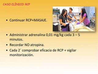 • Continuar RCP+MASAJE.
• Administrar adrenalina 0,01 mg/kg cada 3 – 5
minutos.
• Recordar NO atropina.
• Cada 2´ comprobar eficacia de RCP + vigilar
monitorización.
CASO CLÍNICO: RCP
 