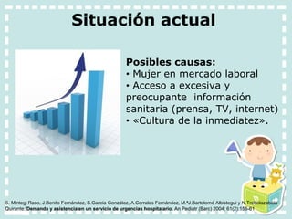 S. Mintegi Raso, J.Benito Fernández, S.García González, A.Corrales Fernández, M.ªJ.Bartolomé Albistegui y N.Trebolazabala
Quirante: Demanda y asistencia en un servicio de urgencias hospitalario. An Pediatr (Barc) 2004; 61(2):156-61
Situación actual
Posibles causas:
• Mujer en mercado laboral
• Acceso a excesiva y
preocupante información
sanitaria (prensa, TV, internet)
• «Cultura de la inmediatez».
 