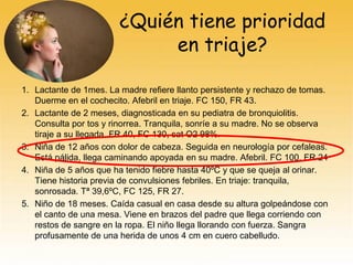 1. Lactante de 1mes. La madre refiere llanto persistente y rechazo de tomas.
Duerme en el cochecito. Afebril en triaje. FC 150, FR 43.
2. Lactante de 2 meses, diagnosticada en su pediatra de bronquiolitis.
Consulta por tos y rinorrea. Tranquila, sonríe a su madre. No se observa
tiraje a su llegada. FR 40, FC 130, sat O2 98%.
3. Niña de 12 años con dolor de cabeza. Seguida en neurología por cefaleas.
Está pálida, llega caminando apoyada en su madre. Afebril. FC 100, FR 24
4. Niña de 5 años que ha tenido fiebre hasta 40ºC y que se queja al orinar.
Tiene historia previa de convulsiones febriles. En triaje: tranquila,
sonrosada. Tª 39,6ºC, FC 125, FR 27.
5. Niño de 18 meses. Caída casual en casa desde su altura golpeándose con
el canto de una mesa. Viene en brazos del padre que llega corriendo con
restos de sangre en la ropa. El niño llega llorando con fuerza. Sangra
profusamente de una herida de unos 4 cm en cuero cabelludo.
¿Quién tiene prioridad
en triaje?
 
