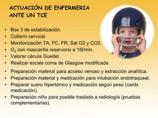 ACTUACIÓN DE ENFERMERIA
ANTE UN TCE
• Box 3 de estabilización.
• Collarín cervical.
• Monitorización TA, FC, FR, Sat O2 y CO2.
• O2 con mascarilla reservorio a 15l/min.
• Valorar cánula Guedel.
• Realizar escala coma de Glasgow modificada.
• Preparación material para acceso venoso y extracción analítica.
• Preparación material y medicación para intubación endotraqueal.
• Preparar suero hipertónico y medicación según peso (cards
medicación).
• Preparación niño para posible traslado a radiología (pruebas
complementarias).
 