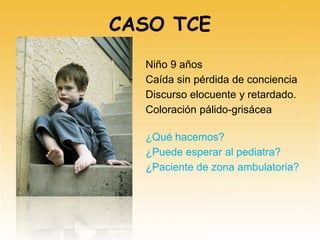 CASO TCE
Niño 9 años
Caída sin pérdida de conciencia
Discurso elocuente y retardado.
Coloración pálido-grisácea
¿Qué hacemos?
¿Puede esperar al pediatra?
¿Paciente de zona ambulatoria?
 