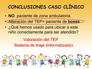 CONCLUSIONES CASO CLÍNICO
• NO paciente de zona ambulatoria
• Alteración del TEP= paciente de boxes
• ¿Qué hemos usado para ubicar a este
niño correctamente para ser atendido?
Valoración del TEP
Sistema de triaje (informatizado)
 