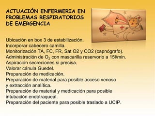 ACTUACIÓN ENFERMERIA EN
PROBLEMAS RESPIRATORIOS
DE EMERGENCIA
Ubicación en box 3 de estabilización.
Incorporar cabecero camilla.
Monitorización TA, FC, FR, Sat O2 y CO2 (capnógrafo).
Administración de O2 con mascarilla reservorio a 15l/min.
Aspiración secreciones si precisa.
Valorar cánula Guedel.
Preparación de medicación.
Preparación de material para posible acceso venoso
y extracción analítica.
Preparación de material y medicación para posible
intubación endotraqueal.
Preparación del paciente para posible traslado a UCIP.
 