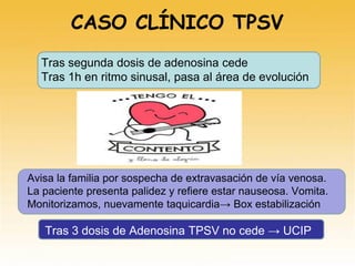 CASO CLÍNICO TPSV
Tras segunda dosis de adenosina cede
Tras 1h en ritmo sinusal, pasa al área de evolución
Avisa la familia por sospecha de extravasación de vía venosa.
La paciente presenta palidez y refiere estar nauseosa. Vomita.
Monitorizamos, nuevamente taquicardia→ Box estabilización
Tras 3 dosis de Adenosina TPSV no cede → UCIP
 