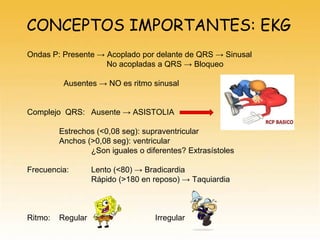 CONCEPTOS IMPORTANTES: EKG
Ondas P: Presente → Acoplado por delante de QRS → Sinusal
No acopladas a QRS → Bloqueo
Ausentes → NO es ritmo sinusal
Complejo QRS: Ausente → ASISTOLIA
Estrechos (<0,08 seg): supraventricular
Anchos (>0,08 seg): ventricular
¿Son iguales o diferentes? Extrasístoles
Frecuencia: Lento (<80) → Bradicardia
Rápido (>180 en reposo) → Taquiardia
Ritmo: Regular Irregular
 