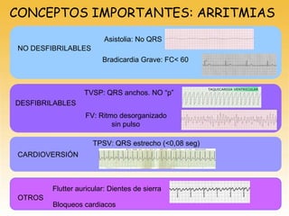 CONCEPTOS IMPORTANTES: ARRITMIAS
Bradicardia Grave: FC< 60
Asistolia: No QRS
NO DESFIBRILABLES
CARDIOVERSIÓN
TPSV: QRS estrecho (<0,08 seg)
TVSP: QRS anchos. NO “p”
FV: Ritmo desorganizado
sin pulso
DESFIBRILABLES
Flutter auricular: Dientes de sierra
OTROS
Bloqueos cardiacos
 