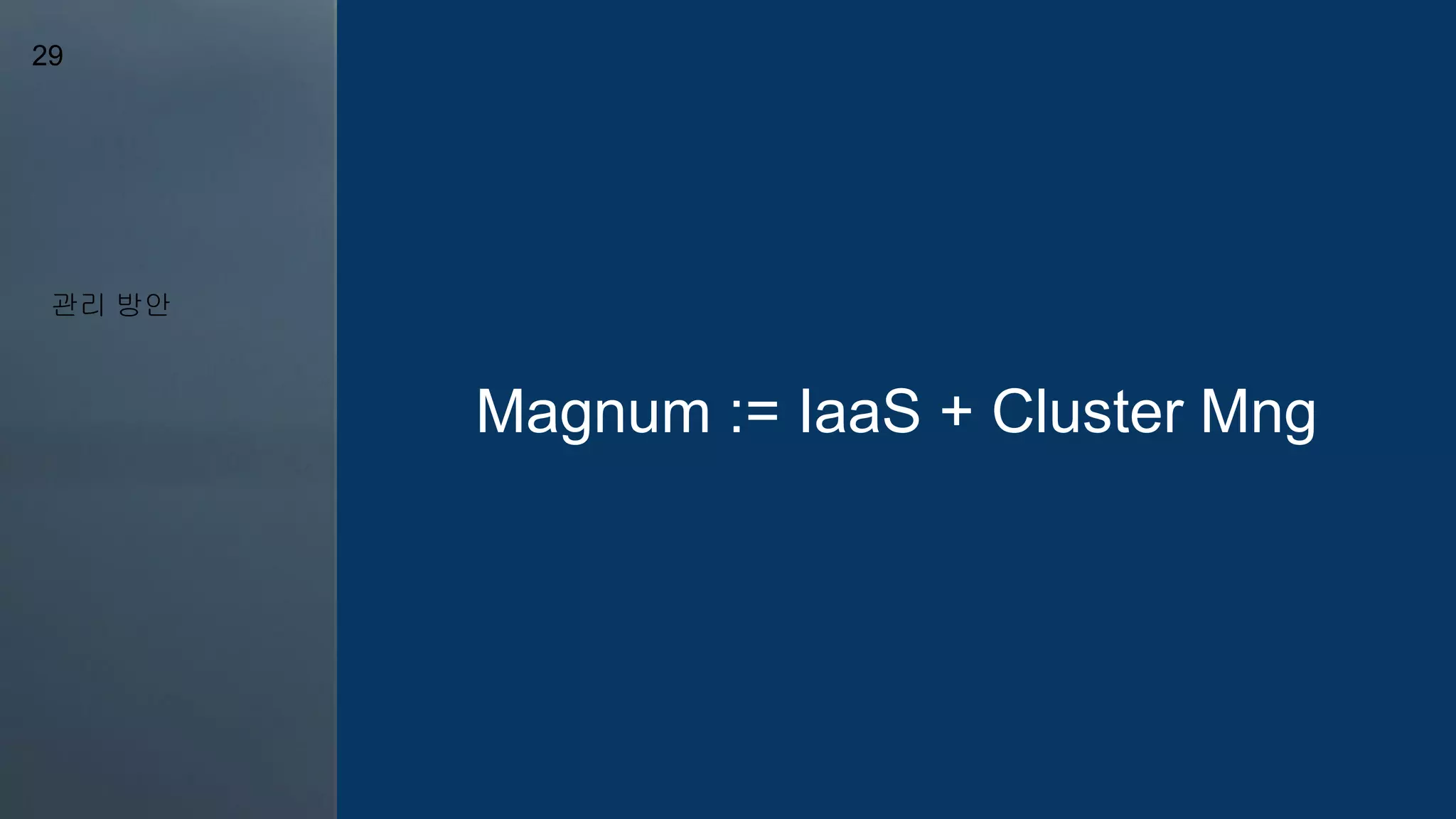 관리 방안
29
Magnum := IaaS + Cluster Mng
 