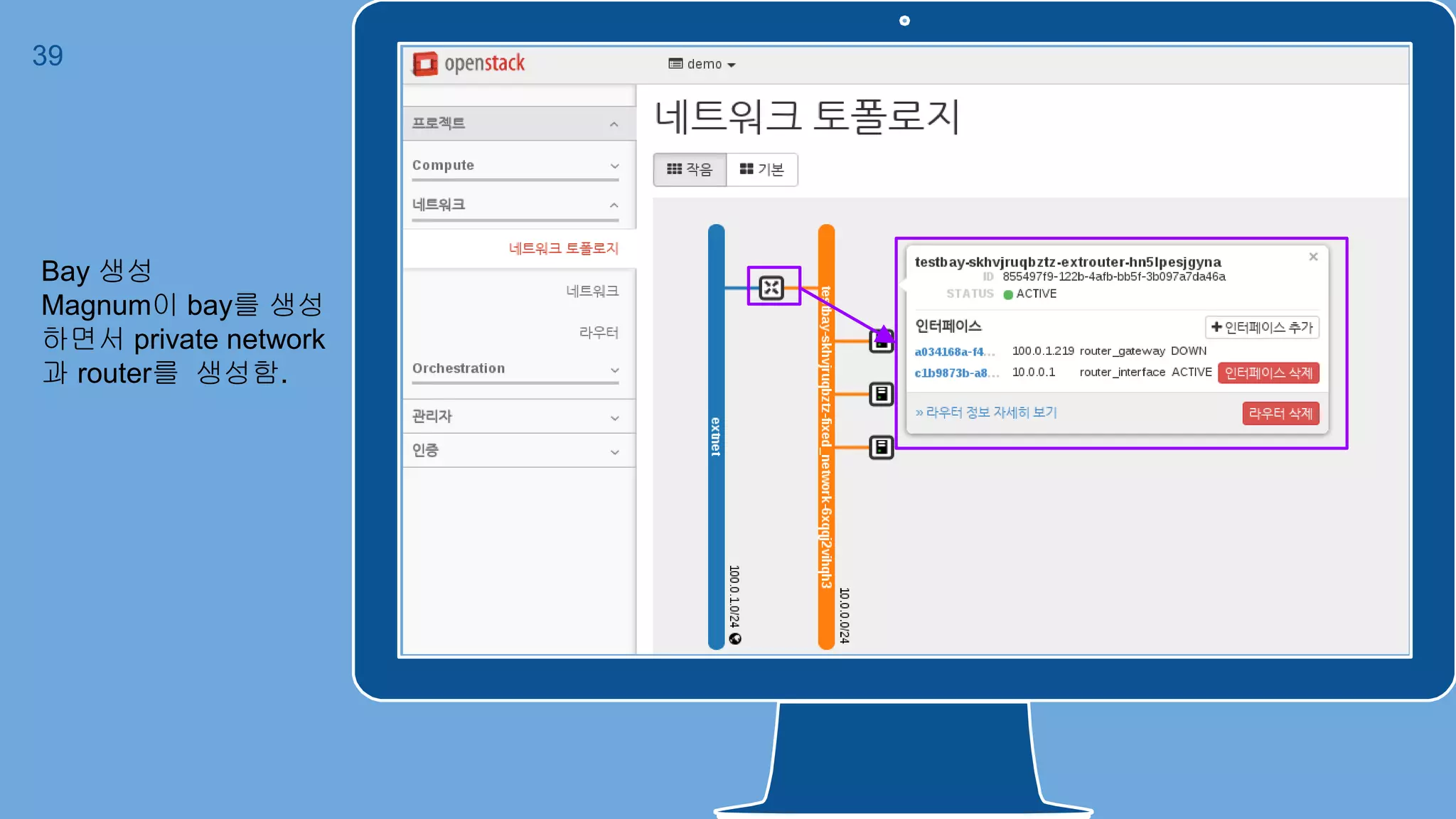 39
Bay 생성
Magnum이 bay를 생성
하면서 private network
과 router를 생성함.
 
