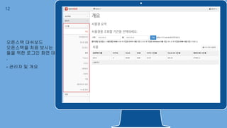 12
오픈스택 대쉬보드
오픈스택을 처음 보시는 분
들을 위한 로그인 화면 데모
.
- 관리자 및 개요
 