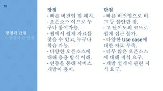 장점
- 빠른 버전업 및 패치.
- 오픈소스 이므로 누
구나 참여가능.
- 웹에서 쉽게 자료를
찾을 수 있고, 누구나
학습 가능.
- 다양한 오픈소스에
대해 응용 방식 이해.
- 연동을 통해 서비스
개발이 용이.
장점과 단점
- 장점이 곧 단점
단점
- 빠른 버전업으로 버
그 등 불안한 점.
- 고 난이도의 코드로
쉽게 접근 불가.
- 다양한 Use case에
대한 자료 부족.
- 너무 많은 오픈소스
에 대해 지식 요구.
- 개발 설계시 관련 지
식 요구.
16
 