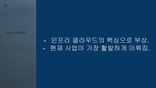 오픈스택이란?
17
- 인프라 클라우드의 핵심으로 부상.
- 현재 사업이 가장 활발하게 이뤄짐.
 
