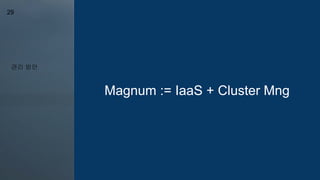 관리 방안
29
Magnum := IaaS + Cluster Mng
 