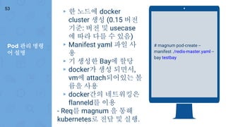 Pod 관리 명령
어 설명
53
# magnum pod-create --
manifest ./redis-master.yaml --
bay testbay
▸ 한 노드에 docker
cluster 생성 (0.15 버전
기준: 버전 및 usecase
에 따라 다를 수 있음)
▸ Manifest yaml 파일 사
용
▸ 기 생성한 Bay에 할당
▸ docker가 생성 되면서,
vm에 attach되어있는 볼
륨을 사용
▸ docker간의 네트워킹은
flanneld를 이용
- Req를 magnum 을 통해
kubernetes로 전달 및 실행.
 