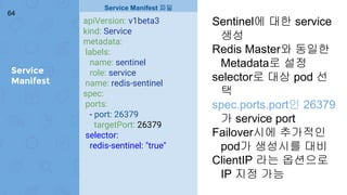 Service
Manifest
64
apiVersion: v1beta3
kind: Service
metadata:
labels:
name: sentinel
role: service
name: redis-sentinel
spec:
ports:
- port: 26379
targetPort: 26379
selector:
redis-sentinel: "true"
Service Manifest 파일
Sentinel에 대한 service
생성
Redis Master와 동일한
Metadata로 설정
selector로 대상 pod 선
택
spec.ports.port인 26379
가 service port
Failover시에 추가적인
pod가 생성시를 대비
ClientIP 라는 옵션으로
IP 지정 가능
 