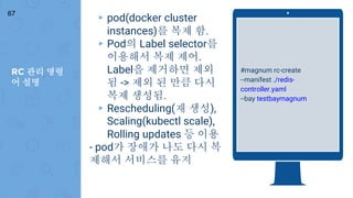 RC 관리 명령
어 설명
67
#magnum rc-create
--manifest ./redis-
controller.yaml
--bay testbaymagnum
▸ pod(docker cluster
instances)를 복제 함.
▸ Pod의 Label selector를
이용해서 복제 제어.
Label을 제거하면 제외
됨 -> 제외 된 만큼 다시
복제 생성됨.
▸ Rescheduling(재 생성),
Scaling(kubectl scale),
Rolling updates 등 이용
- pod가 장애가 나도 다시 복
제해서 서비스를 유지
 