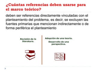 ¿Cuántas referencias deben usarse para
el marco teórico?
deben ser referencias directamente vinculadas con el
planteamiento del problema, es decir, se excluyen las
fuentes primarias que mencionan indirectamente o de
forma periférica el planteamiento
 