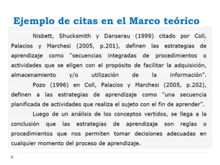 Ejemplo de citas en el Marco teórico
 