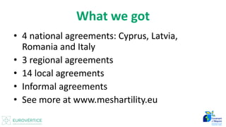 Datos para Inventario de Emisiones - Introducción 5
What we got
• 4 national agreements: Cyprus, Latvia,
Romania and Italy
• 3 regional agreements
• 14 local agreements
• Informal agreements
• See more at www.meshartility.eu
 
