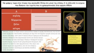 Να γράψεις τώρα στον πίνακα που ακολουθεί δίπλα στο υλικό της στήλης Α τη λέξη από το κείμενο
που δηλώνει τον τεχνίτη που το χρησιμοποιούσε στην αρχαία Αθήνα.
Α Β
πηλός
δέρματα
ξύλο
πέτρα
………………………..
………………………..
………………………..
………………………..
 