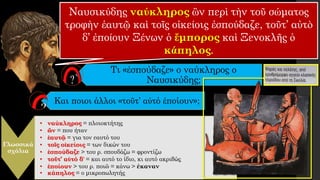 Ναυσικύδης ναύκληρος ὢν περὶ τὴν τοῦ σώματος
τροφὴν ἑαυτῷ καὶ τοῖς οἰκείοις ἐσπούδαζε, τοῦτ’ αὐτὸ
δ’ ἐποίουν Ξένων ὁ ἔμπορος καὶ Ξενοκλῆς ὁ
κάπηλος.
Τι «ἐσπούδαζε» ο ναύκληρος ο
Ναυσικύδης;
Γλωσσικά
σχόλια
• ναύκληρος = πλοιοκτήτης
• ὤν = που ήταν
• ἑαυτῷ = για τον εαυτό του
• τοῖς οἰκείοις = των δικών του
• ἐσπούδαζε > του ρ. σπουδάζω = φροντίζω
• τοῦτ’ αὐτό δ' = και αυτό το ίδιο, κι αυτό ακριβώς
• ἐποίουν > του ρ. ποιῶ = κάνω > έκαναν
• κάπηλος = ο μικροπωλητής
Και ποιοι άλλοι «τοῦτ’ αὐτό ἐποίουν»;
 