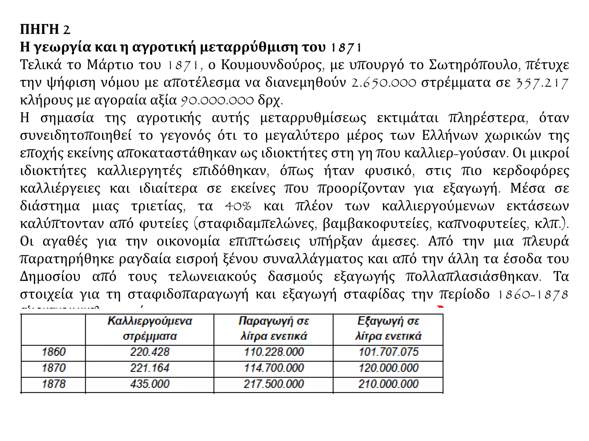 ΠΗΓΗ 2
Η γεωργία και η αγροτική μεταρρύθμιση του 1871
Τελικά το Μάρτιο του 1871, ο Κουμουνδούρος, με υπουργό το Σωτηρόπουλο, πέτυχε
την ψήφιση νόμου με αποτέλεσμα να διανεμηθούν 2.650.000 στρέμματα σε 357.217
κλήρους με αγοραία αξία 90.000.000 δρχ.
Η σημασία της αγροτικής αυτής μεταρρυθμίσεως εκτιμάται πληρέστερα, όταν
συνειδητοποιηθεί το γεγονός ότι το μεγαλύτερο μέρος των Ελλήνων χωρικών της
εποχής εκείνης αποκαταστάθηκαν ως ιδιοκτήτες στη γη που καλλιερ-γούσαν. Οι μικροί
ιδιοκτήτες καλλιεργητές επιδόθηκαν, όπως ήταν φυσικό, στις πιο κερδοφόρες
καλλιέργειες και ιδιαίτερα σε εκείνες που προορίζονταν για εξαγωγή. Μέσα σε
διάστημα μιας τριετίας, τα 40% και πλέον των καλλιεργούμενων εκτάσεων
καλύπτονταν από φυτείες (σταφιδαμπελώνες, βαμβακοφυτείες, καπνοφυτείες, κλπ.).
Οι αγαθές για την οικονομία επιπτώσεις υπήρξαν άμεσες. Από την μια πλευρά
παρατηρήθηκε ραγδαία εισροή ξένου συναλλάγματος και από την άλλη τα έσοδα του
Δημοσίου από τους τελωνειακούς δασμούς εξαγωγής πολλαπλασιάσθηκαν. Τα
στοιχεία για τη σταφιδοπαραγωγή και εξαγωγή σταφίδας την περίοδο 1860-1878
είναι αποκαλυπτικά. 
 