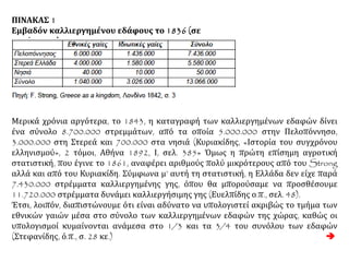 ΠΙΝΑΚΑΣ 1
Εμβαδόν καλλιεργημένου εδάφους το 1836 (σε
στρέμματα)
Μερικά χρόνια αργότερα, το 1843, η καταγραφή των καλλιεργημένων εδαφών δίνει
ένα σύνολο 8.700.000 στρεμμάτων, από τα οποία 5.000.000 στην Πελοπόννησο,
3.000.000 στη Στερεά και 700.000 στα νησιά (Κυριακίδης, «Ιστορία του συγχρόνου
ελληνισμού», 2 τόμοι, Αθήνα 1892, Ι, σελ. 385» Όμως η πρώτη επίσημη αγροτική
στατιστική, που έγινε το 1861, αναφέρει αριθμούς πολύ μικρότερους από του Strong
αλλά και από του Κυριακίδη. Σύμφωνα μ’ αυτή τη στατιστική, η Ελλάδα δεν είχε παρά
7.430.000 στρέμματα καλλιεργημένης γης, όπου θα μπορούσαμε να προσθέσουμε
11.720.000 στρέμματα δυνάμει καλλιεργήσιμης γης (Ευελπίδης ο.π., σελ. 48).
Έτσι, λοιπόν, διαπιστώνουμε ότι είναι αδύνατο να υπολογιστεί ακριβώς το τμήμα των
εθνικών γαιών μέσα στο σύνολο των καλλιεργημένων εδαφών της χώρας, καθώς οι
υπολογισμοί κυμαίνονται ανάμεσα στο 1/3 και τα 3/4 του συνόλου των εδαφών
(Στεφανίδης, ό.π., σ. 28 κε.) 
 