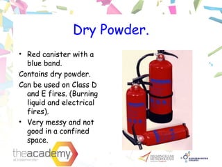 Dry Powder.
• Red canister with a
blue band.
Contains dry powder.
Can be used on Class D
and E fires. (Burning
liquid and electrical
fires).
• Very messy and not
good in a confined
space.
 