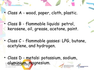 • Class A - wood, paper, cloth, plastic.
• Class B - flammable liquids: petrol,
kerosene, oil, grease, acetone, paint.
• Class C - flammable gasses: LPG, butane,
acetylene, and hydrogen.
• Class D - metals: potassium, sodium,
aluminium, magnesium.
 